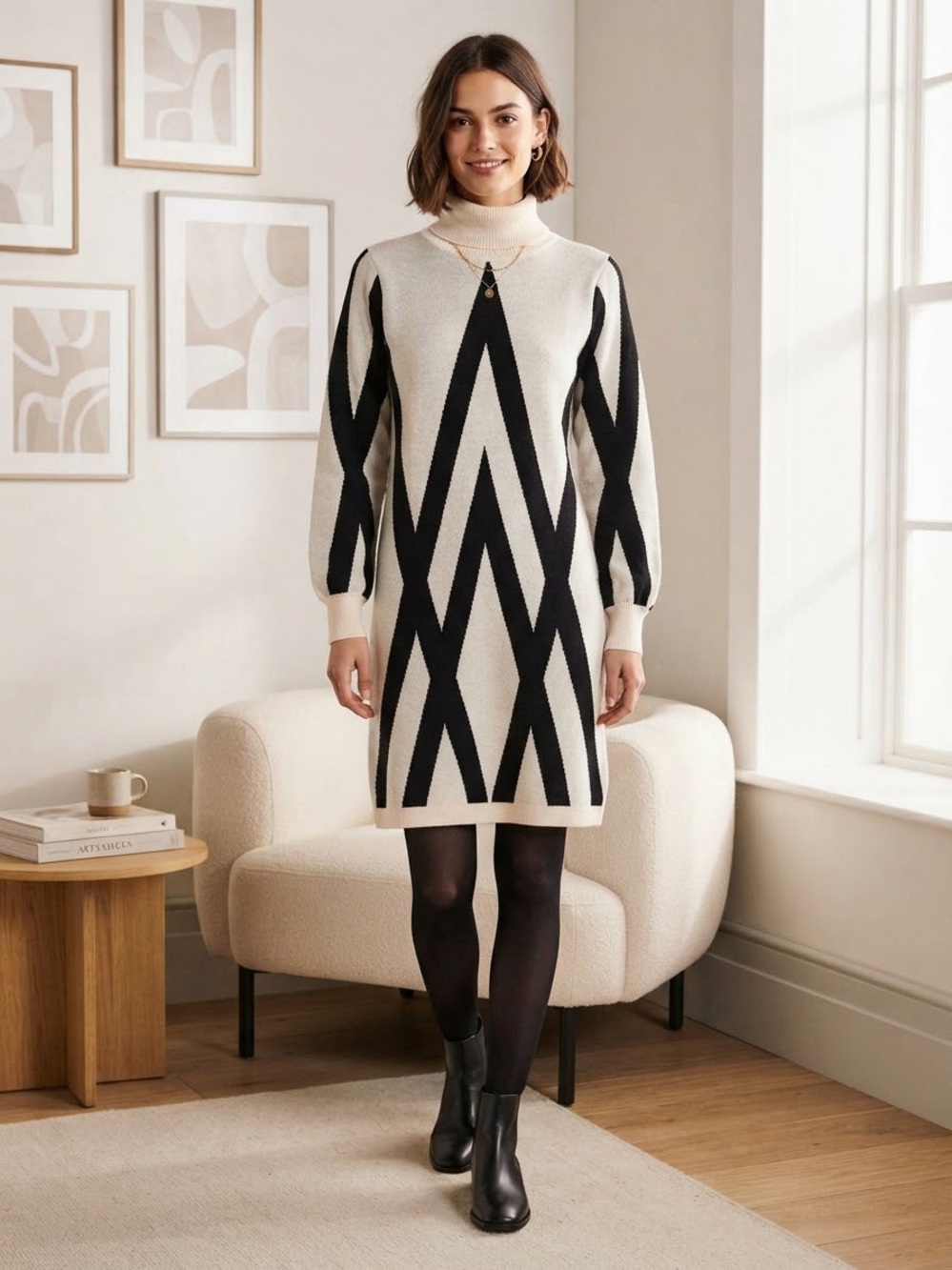Object - Turtleneck Geometric Knit Dress - Black & Cream